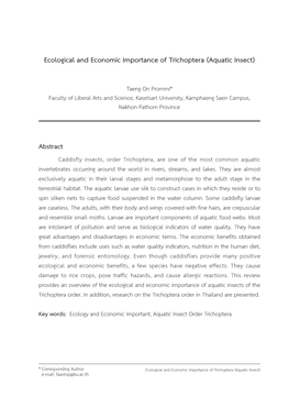 Ecological and Economic Importance of Trichoptera (Aquatic Insect)