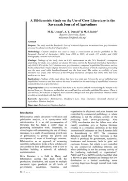 A Bibliometric Study on the Use of Grey Literature in the Savannah Journal of Agriculture