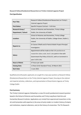 (Postdoctoral Researcher) on Trinity's Colonial Legacies Project Post