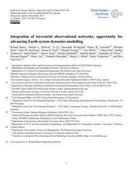 Integration of Terrestrial Observational Networks: Opportunity for Advancing Earth System Dynamics Modelling Roland Baatz1, Pamela L