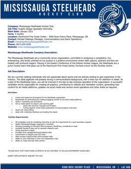 Company: Mississauga Steelheads Hockey Club Job Title: Graphic