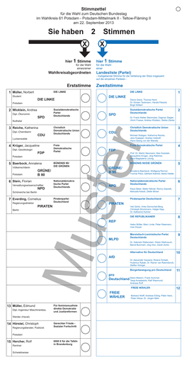Musterstimmzettel Wahlkreis 61 Bundestagswahl 2013