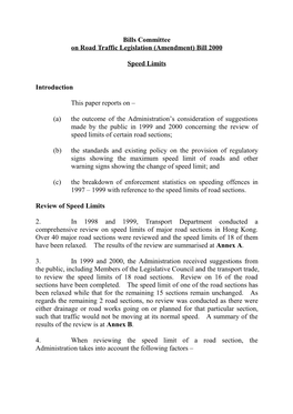 (Amendment) Bill 2000 Speed Limits Introduction This Paper Reports On
