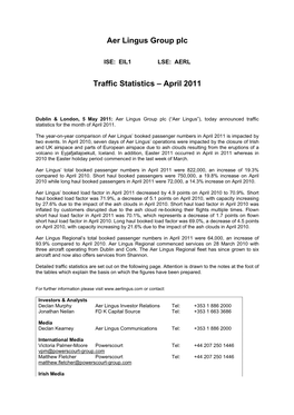 Aer Lingus Monthly Traffic Statistics