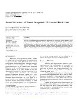 Recent Advances and Future Prospects of Phthalimide Derivatives