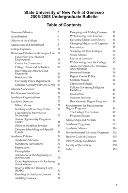 State University of New York at Geneseo 2006-2008 Undergraduate Bulletin Table of Contents