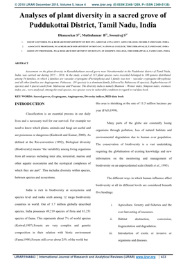 Analyses of Plant Diversity in a Sacred Grove of Pudukkottai District, Tamil