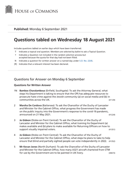 Questions Tabled on Wednesday 18 August 2021