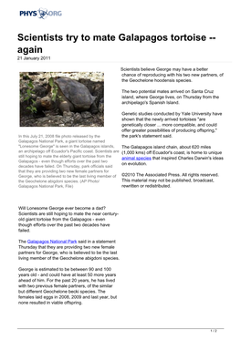 Scientists Try to Mate Galapagos Tortoise -- Again 21 January 2011