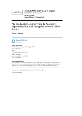 Journal of the Short Story in English, 50 | Spring 2008 “To Slip Easily from One Thing to Another”: Experimentalism and Perception In