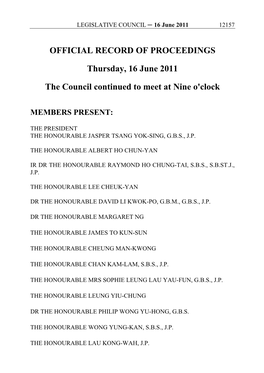 OFFICIAL RECORD of PROCEEDINGS Thursday, 16 June