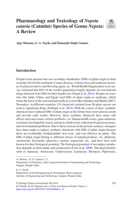 Pharmacology and Toxicology of Nepeta Cataria (Catmint) Species of Genus Nepeta: a Review