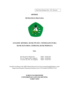 Artikel Penelitian Pratama Analisis Kinerja Bank Swasta Studi Kasus Pada Bank Danamon, Citibank, Bank Permata Fakultas Ekonom