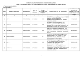 KUVEMPU UNIVERSITY DIRECTORATE of DISTANCE EDUCATION Details of the Admissions Made for the Academic Session 2018-19 (July, 2018) Under Open and Distance Learning 1