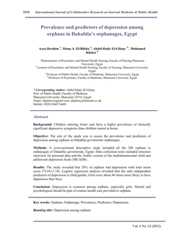 Prevalence and Predictors of Depression Among Orphans in Dakahlia’S Orphanages, Egypt