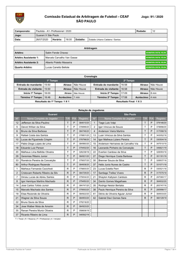 Comissão Estadual De Arbitragem De Futebol - CEAF Jogo: 91 / 2020 SÃO PAULO