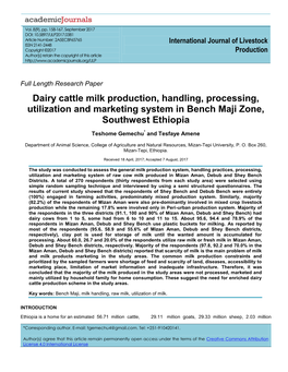 Dairy Cattle Milk Production, Handling, Processing, Utilization and Marketing System in Bench Maji Zone, Southwest Ethiopia