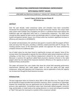 RECIPROCATING COMPRESSOR PERFORMANCE IMPROVEMENT with RADIAL POPPET VALVES 2009 GMRC Gas Machinery Conference – Atlanta, GA – October 5‐7, 2009