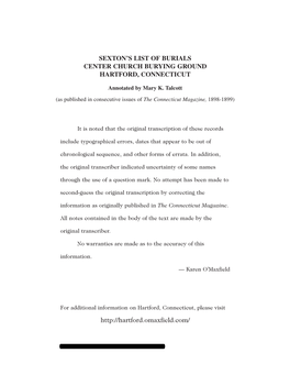 Sexton's List of Burials Center Church Burying Ground Hartford, Connecticut