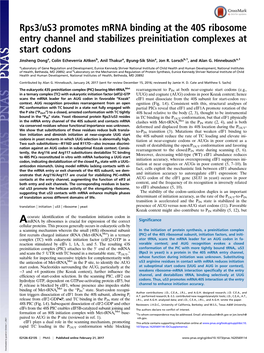 Rps3/Us3 Promotes Mrna Binding at the 40S Ribosome Entry Channel and Stabilizes Preinitiation Complexes at Start Codons