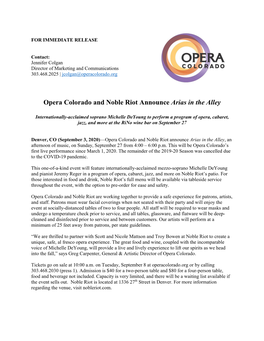 Opera Colorado and Noble Riot Announce Arias in the Alley