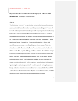 Utopian Clothing: the Futurist and Constructivist Proposals in the Early 1920S Flavia Loscialpo, Southampton Solent University A