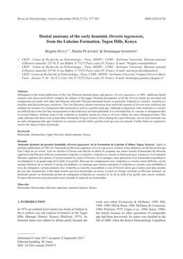 Dental Anatomy of the Early Hominid, Orrorin Tugenensis, from the Lukeino Formation, Tugen Hills, Kenya