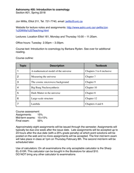 Astronomy 405: Introduction to Cosmology Section A01, Spring 2018