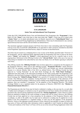 OFFERING CIRCULAR SAXO BANK A/S EUR 2,000,000,000 Senior