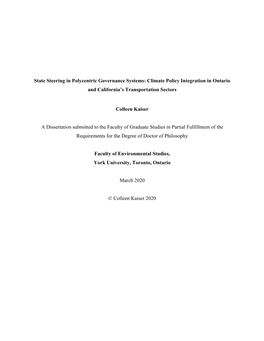 State Steering in Polycentric Governance Systems: Climate Policy Integration in Ontario and California’S Transportation Sectors