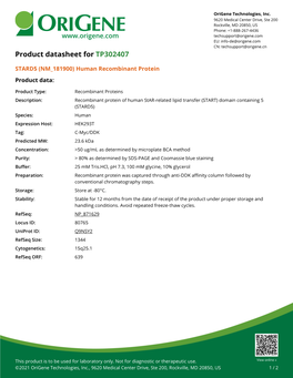 STARD5 (NM 181900) Human Recombinant Protein Product Data