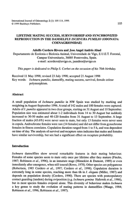 Lifetime Mating Success, Survivorship and Synchronized Reproduction in the Damselfly Ischnura Pumilio (Odonata: Coenagrionidae)