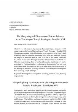 The Martyrological Dimension of Petrine Primacy in the Teachings of Joseph Ratzinger - Benedict XVI