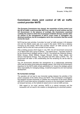 Commission Clears Joint Control of UK Air Traffic Control Provider NATS