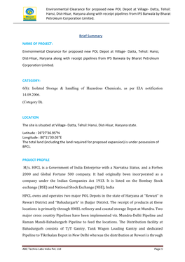 Environmental Clearance for Proposed New POL Depot at Village- Datta, Tehsil: Hansi, Dist-Hisar, Haryana Along with Receipt Pipe