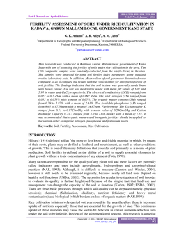 Fertility Assessment of Soils Under Rice Cultivation in Kadawa, Garun Mallam Local Government Kano State