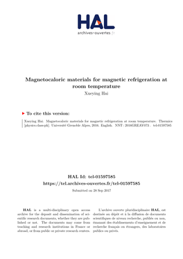 Magnetocaloric Materials for Magnetic Refrigeration at Room Temperature Xueying Hai