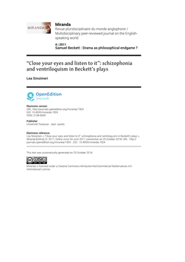 Miranda, 4 | 2011 “Close Your Eyes and Listen to It”: Schizophonia and Ventriloquism in Beckett