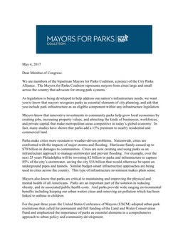 We Are Members of the Bipartisan Mayors for Parks Coalition, a Project of the City Parks Alliance