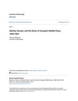 Identity, Dissent, and the Roots of Georgiaâ•Žs Middle Class, 1848