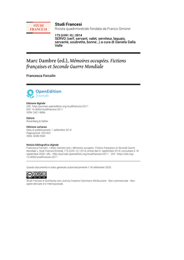 Studi Francesi, 173 (LVIII | II) | 2014 Marc Dambre (Ed.), Mémoires Occupées