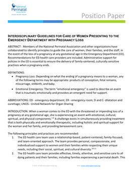 Interdisciplinary Guidelines for Care of Women Presenting to the Emergency Department with Pregnancy Loss