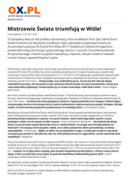 Mistrzowie Świata Triumfują W Wiśle! Data Publikacji: 15.07.2017 8:00