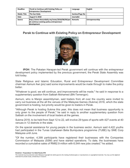 Perak to Continue with Existing Policy on Entrepreneur Development