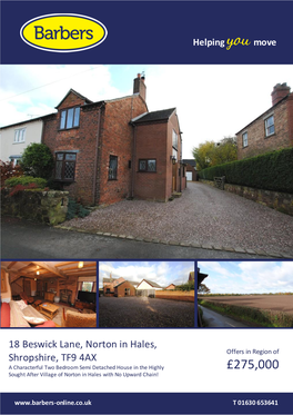 £275,000 Sought After Village of Norton in Hales with No Upward Chain!