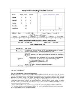 Polity IV Country Report 2010: Canada