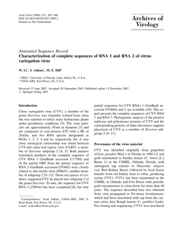 Annotated Sequence Record Characterization of Complete Sequences of RNA 1 and RNA 2 of Citrus Variegation Virus