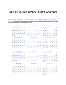 July 14, 2020 Primary Runoff Calendar