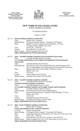 New York State Legislature Public Hearing Calendar