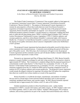 ANALYSIS of AGREEMENT CONTAINING CONSENT ORDER to AID PUBLIC COMMENT in the Matter of Boston Scientific Corporation and Guidant Corporation File No